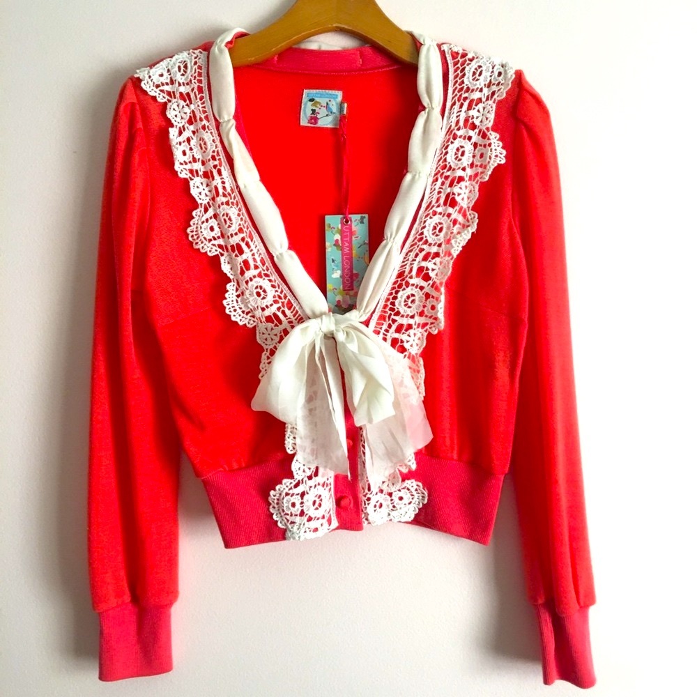 Uttam London Bright Coral Cardigan with Lace & Bow Detail NWT Size M